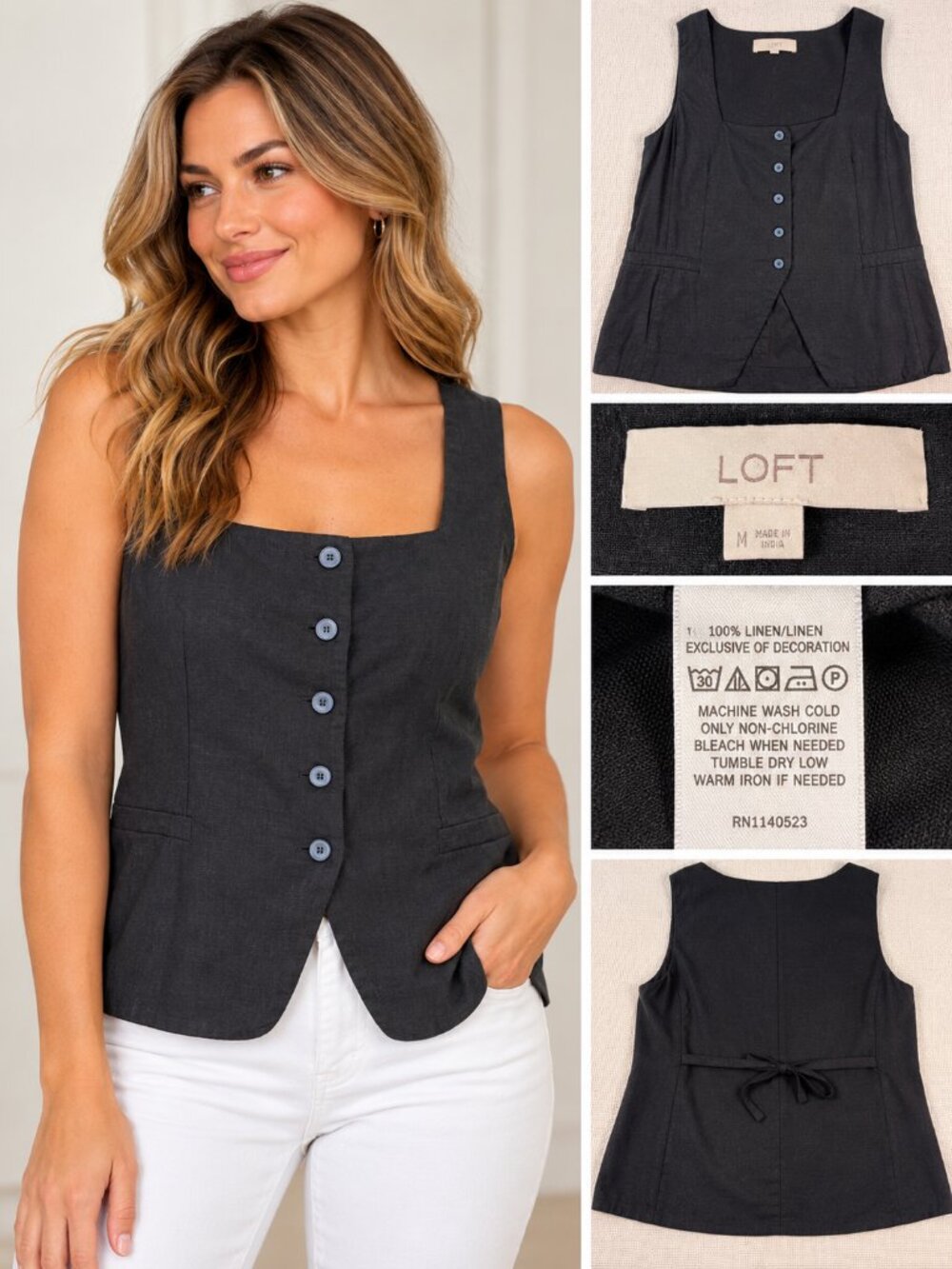 LOFT Black 100% Linen Button Front Tie Back Vest Top Medium